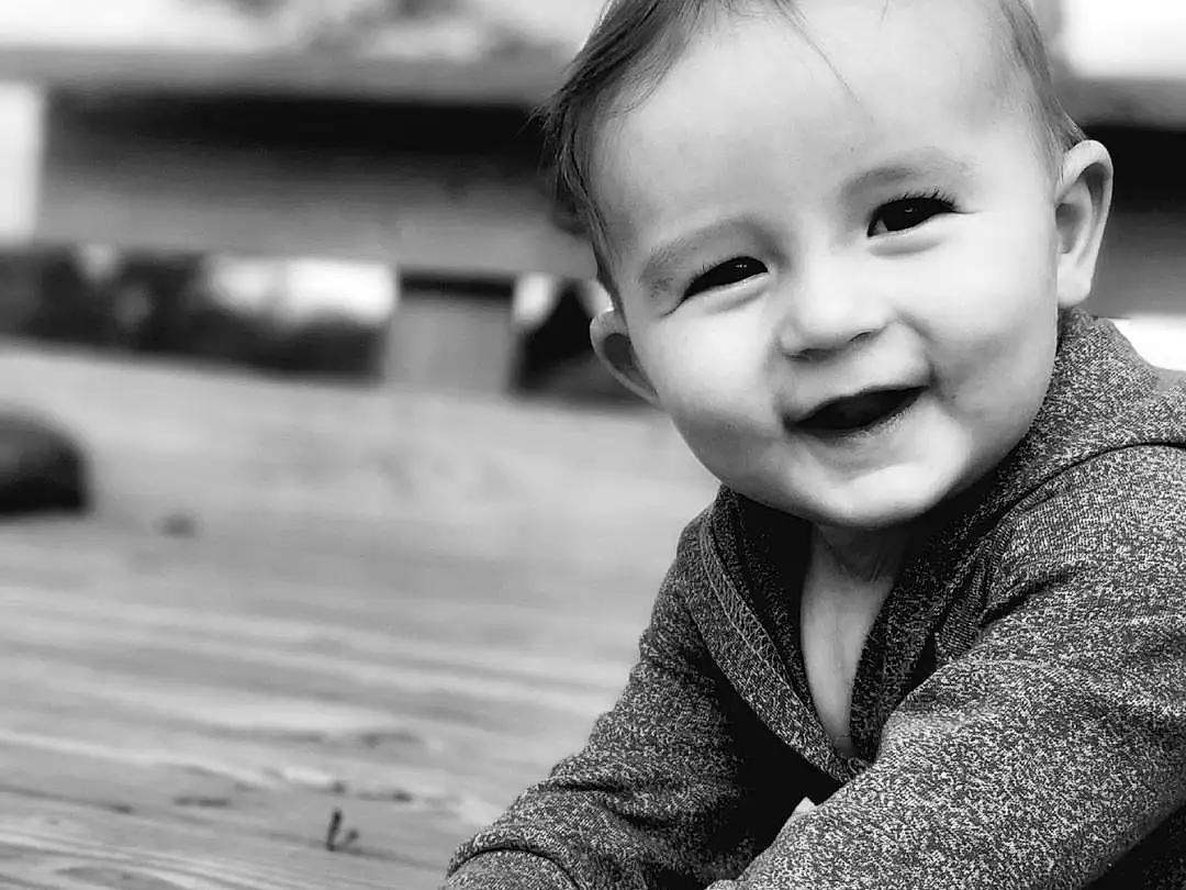 Cheek, Skin, Smile, White, Black, Flash Photography, Wood, Standing, Black-and-white, Happy, Style, Toddler, Monochrome, Baby & Toddler Clothing, Black & White, Baby, Child, Person