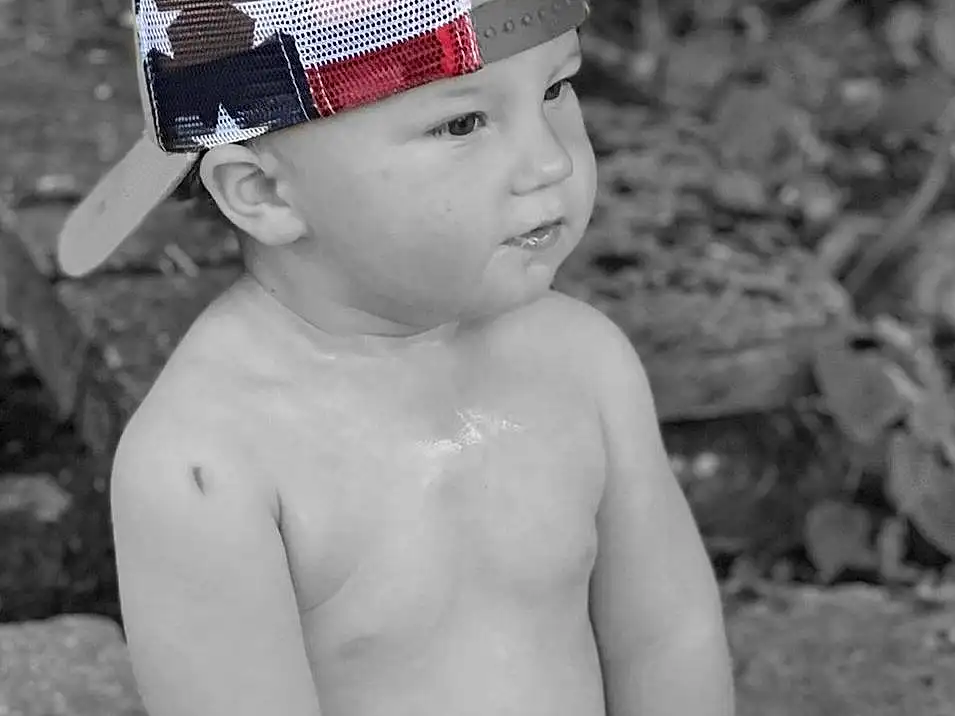 Head, Photograph, White, Muscle, Leg, Black, Flash Photography, Standing, Shorts, Style, Black-and-white, Thigh, People, Child, Toddler, Chest, Beauty, Fun, Trunk, Person, Headwear
