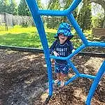 Tree, Plant, Woody Plant, Recreation, Grass, Shade, Leisure, Toddler, Electric Blue, Outdoor Play Equipment, Shorts, City, Playground, Soil, Fun, Play, Child, Chute, T-shirt, Swing, Person, Headwear
