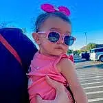 Glasses, Sky, Vision Care, Shoulder, Goggles, Tire, Sunglasses, Wheel, Azure, Happy, Eyewear, Baby & Toddler Clothing, Pink, Toddler, Cool, Travel, Leisure, Fun, Magenta, Recreation, Person