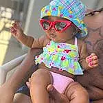Glasses, Skin, Hand, Arm, Shoulder, Goggles, Hat, Dress, Leg, Sunglasses, Plant, Sun Hat, Human Body, Fashion, Baby & Toddler Clothing, Happy, Thigh, Eyewear, Pink, Yellow, Person