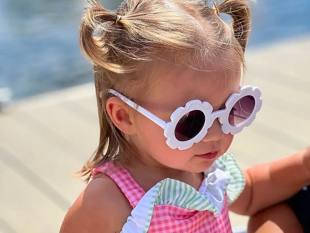 Skin, Glasses, Vision Care, Goggles, Sunglasses, Baby & Toddler Clothing, Sleeve, Eyewear, Pink, Happy, Cool, Toddler, Child, Pattern, Fun, Personal Protective Equipment, Blond, Swimwear, Recreation, Leisure