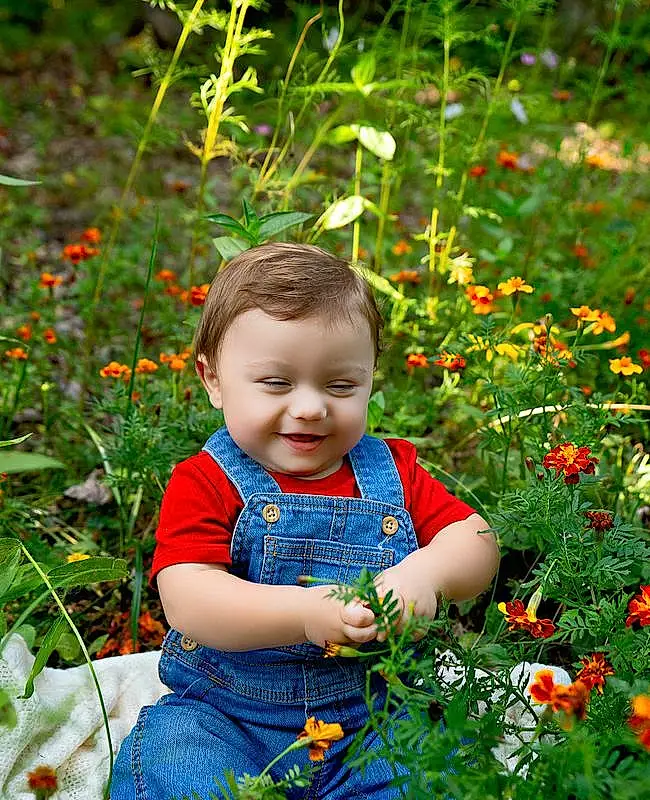 Face, Flower, Plant, Facial Expression, People In Nature, Leaf, Botany, Nature, Green, Happy, Grass, Vegetation, Petal, Baby & Toddler Clothing, Toddler, Red, Baby, Summer, Groundcover, People, Person, Joy