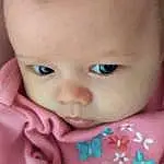 Baby, Child, Face, Cheek, Skin, Nose, Lip, Eyebrow, Head, Close-up, Pink, Eyes, Mouth, Chin, Forehead, Toddler, Iris, Hand, Finger