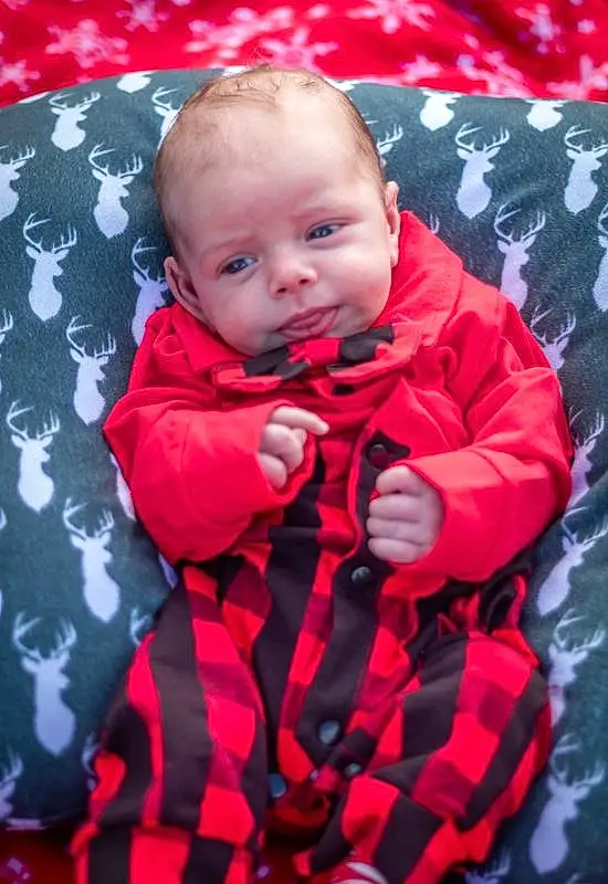 Child, Red, Face, Toddler, Baby, Skin, Cheek, Head, Pink, Pattern, Eyes, Outerwear, Design, Textile, Plaid, Photography, Baby Products, Smile, Sleeve, Person