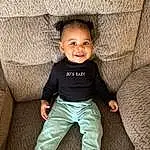 Face, Cheek, Smile, Skin, Eyes, Facial Expression, Leg, Flash Photography, Sleeve, Standing, Happy, Baby & Toddler Clothing, Comfort, Couch, Wood, Baby, Toddler, Tints And Shades, Person, Joy