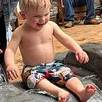 Photograph, Water, Smile, Trunks, People On Beach, Shorts, Thigh, Barefoot, Toddler, Barechested, Summer, Chest, Leisure, People, Fun, Foot, Human Leg, Trunk, Child, Board Short, Person, Joy
