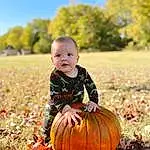 Head, Plant, Photograph, Eyes, People In Nature, Pumpkin, Sky, Tree, Nature, Calabaza, Grass, Toddler, Squash, Winter Squash, Morning, Happy, Gourd, Baby, Vegetable, Deciduous, Person