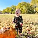 Plant, Pumpkin, Facial Expression, Sky, People In Nature, Leaf, Calabaza, Botany, Tree, Grass, Smile, Cucurbita, Squash, Winter Squash, Happy, Natural Foods, Gourd, Toddler, Morning, Vegetable, Person