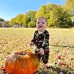 Plant, Pumpkin, Photograph, Sky, People In Nature, Leaf, Tree, Calabaza, Squash, Grass, Winter Squash, Happy, Natural Foods, Gourd, Cucurbita, Vegetable, Landscape, Toddler, Smile, Field, Person