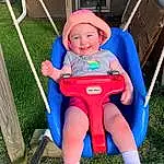 Head, Smile, Eyes, Blue, Baby & Toddler Clothing, Grass, Toddler, Recreation, Baby, Leisure, Electric Blue, Lap, Fun, People In Nature, Happy, Child, Sitting, Outdoor Play Equipment, Baby Products, Thigh, Person, Joy, Headwear