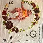 Textile, Baby, Baby & Toddler Clothing, Petal, Font, Toddler, Linens, Pattern, Art, Flower, Bedding, Design, Illustration, Needlework, Dishware, Comfort, Pedicel, Room, Floral Design, Person