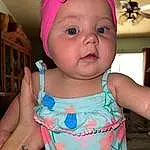 Face, Cheek, Skin, Lip, Hand, Facial Expression, Blue, Dress, Baby & Toddler Clothing, Cap, Sleeve, Baby, Pink, Finger, Toddler, Eyelash, Child, Happy, Beauty, Person, Headwear