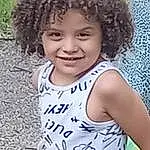 Hair, Smile, Hairstyle, Photograph, Eyes, Facial Expression, White, Black, Jheri Curl, Sleeve, Happy, T-shirt, Cool, People In Nature, Toddler, Afro, Black Hair, Baby & Toddler Clothing, Beauty, Child, Person, Joy, Headwear
