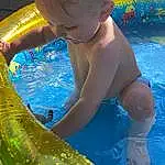 Water, Blue, Swimming Pool, Yellow, Leisure, Aqua, Fun, Recreation, Summer, Baby, Toddler, Happy, Child, Games, People In Nature, Personal Protective Equipment, Play, Bathing, Grass, Leisure Centre