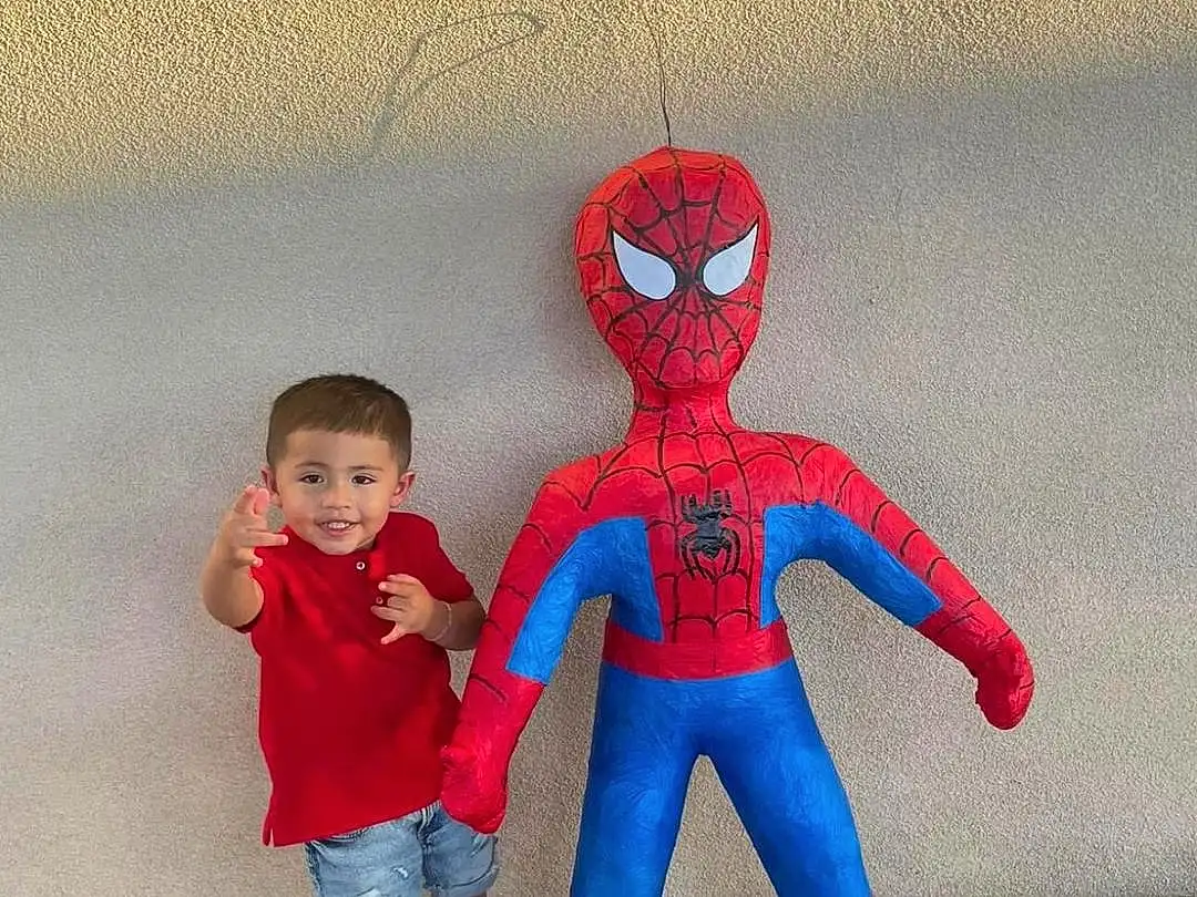Spider-man, Sleeve, Standing, Gesture, Cool, Toy, T-shirt, Happy, Electric Blue, Art, Fictional Character, Fun, Avengers, Carmine, Child, Toddler, Action Figure, Fiction, Justice League, Machine, Person, Joy