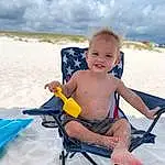 Sky, Cloud, Folding Chair, Shorts, Chair, Body Of Water, People On Beach, Leisure, Toddler, Happy, Fun, Recreation, Outdoor Furniture, Smile, Travel, Child, Landscape, Sitting, Barefoot, Baby & Toddler Clothing, Person, Joy