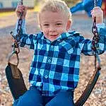 Clothing, Jeans, Smile, Outerwear, Hairstyle, Photograph, Shoulder, Facial Expression, Tartan, White, Blue, Azure, Fashion, Sleeve, Happy, Standing, Swing, Toddler, Fun, Baby & Toddler Clothing, Person, Joy