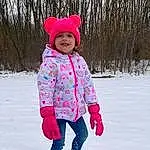 Snow, Sleeve, Tree, Pink, Jacket, Baby & Toddler Clothing, Toddler, Freezing, Cap, Winter, People In Nature, Magenta, Knit Cap, Smile, Fun, Recreation, Child, Hood, Playing In The Snow, Ice Cap, Person, Joy, Headwear
