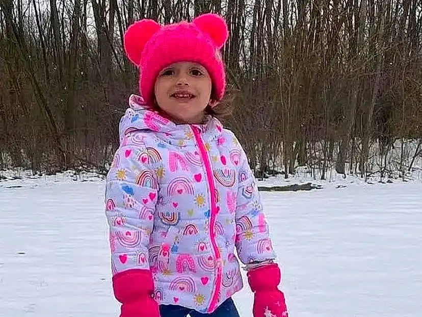 Snow, Sleeve, Tree, Pink, Jacket, Baby & Toddler Clothing, Toddler, Freezing, Cap, Winter, People In Nature, Magenta, Knit Cap, Smile, Fun, Recreation, Child, Hood, Playing In The Snow, Ice Cap, Person, Joy, Headwear