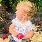 Jeans, Plant, Botany, Happy, People In Nature, Grass, Summer, Fun, Fruit, Apple, Toddler, Child, Tree, Rose Family, Natural Foods, Garden, Soil, Baby & Toddler Clothing, T-shirt, Gardening, Person