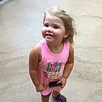 Pink, Child, Facial Expression, Skin, Day, Toddler, Purple, Standing, Girl, Smile, Fun, T Shirt, Arm, Shorts, Cool, Summer, Shoe, Play, Happiness, Infant, Person