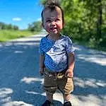 Child, Blue, Toddler, Standing, Summer, Fun, Jeans, Smile, Vacation, Denim, Cool, Play, Grass, Tree, Photography, T-shirt, Shorts, Recreation, Sleeve, Walking, Person, Joy