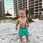 Building, Daytime, Smile, Eyes, People In Nature, Standing, Body Of Water, Sky, Happy, Baby & Toddler Clothing, Trunks, Toddler, Fun, Barefoot, Grass, Leisure, Sand, Waist, T-shirt, Trunk, Person, Joy