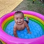 Smile, Green, Fun, Pink, Leisure, Recreation, Toddler, Summer, Child, Water, Grass, Play, Games, Circle, Baby & Toddler Clothing, Baby, Inflatable, Bathing, Person