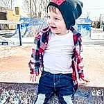 Outerwear, Photograph, Smile, White, Blue, People In Nature, Sleeve, Baby & Toddler Clothing, Cap, Happy, Tree, Toddler, Red, Cool, People, Leisure, Street Fashion, Grass, Fun, Baby, Person, Joy, Headwear