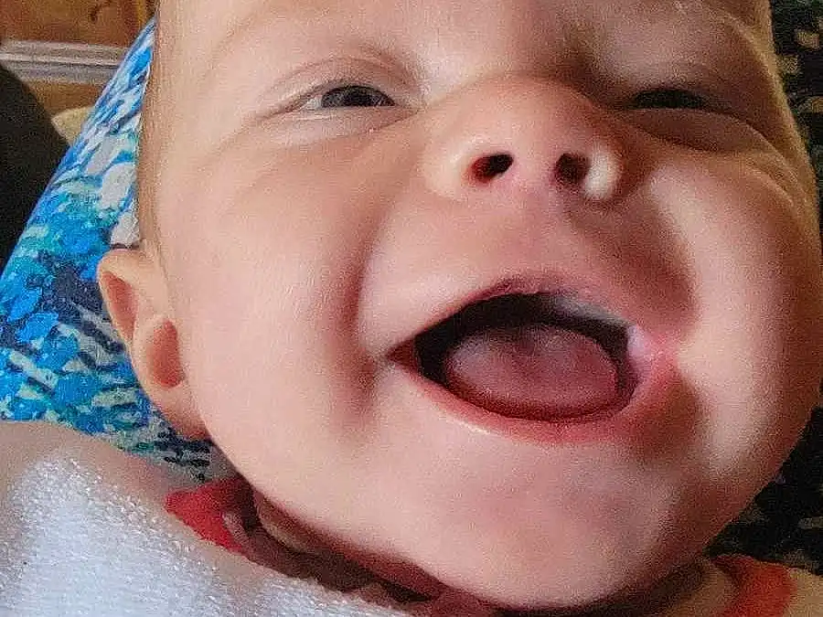 Nose, Face, Cheek, Smile, Skin, Head, Lip, Chin, Eyebrow, Eyes, Mouth, Tongue, Tooth, Jaw, Baby, Happy, Iris, Pink, Toddler, Baby & Toddler Clothing, Person