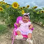 Head, Sky, Plant, Cloud, Flower, Eyes, People In Nature, Smile, Baby & Toddler Clothing, Yellow, Happy, Grass, Wheel, Toddler, Summer, Hat, Landscape, Baby, Leisure, Grassland, Person, Joy