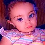 Forehead, Nose, Cheek, Skin, Head, Lip, Chin, Hairstyle, Eyebrow, Eyes, Mouth, Blue, Eyelash, Purple, Neck, Sleeve, Flash Photography, Iris, Baby & Toddler Clothing, Pink, Person