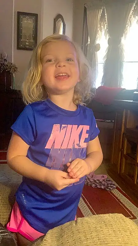 Blond, Child, T-shirt, Toddler, Smile, Person