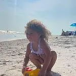Sky, Cloud, Water, People On Beach, Beach, People In Nature, Sunlight, Happy, Toddler, Leisure, Fun, Summer, Horizon, Thigh, Swimwear, Barefoot, Sand, Shore, Wind Wave, Holiday, Person, Joy