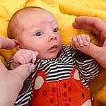 Child, Baby, Yellow, Toddler, Skin, Cheek, Eyes, Lip, Textile, Finger, Baby Products, Abdomen, Thumb, Linens, Person