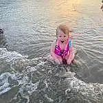 Water, Water Resources, Body Of Water, Beach, Lake, Sky, People On Beach, Leisure, Toddler, Wind Wave, Fun, Happy, Bathing, Sand, Smile, Recreation, Personal Protective Equipment, Shore, Wave, Child, Person