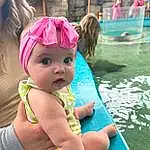 Water, Photograph, Green, Happy, Pink, Leisure, Fun, Public Space, Toddler, Summer, Recreation, Grass, Boats And Boating--equipment And Supplies, Cap, Child, Swimming Pool, Personal Protective Equipment, Event, Person, Headwear