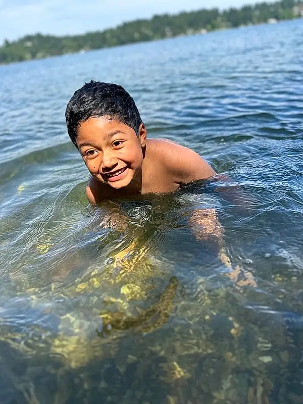 Hair, Water, Smile, Eyes, Flash Photography, Lake, Happy, Outdoor Recreation, Sky, Leisure, Recreation, Wind Wave, People In Nature, Fun, Tree, Bathing, Child, Wave, Personal Protective Equipment, Person, Joy