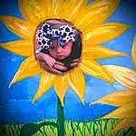 Flower, Plant, People In Nature, Paint, Iris, Petal, Happy, Art, Symmetry, Electric Blue, Painting, Flowering Plant, Visual Arts, Illustration, Pattern, Still Life Photography, Graphics, Fashion Accessory, Fun, Sunflower, Person, Headwear