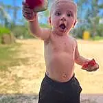 Skin, Joint, Arm, Shoulder, Sky, People In Nature, Human Body, Happy, Standing, Gesture, Grass, Toddler, Pink, Finger, Thumb, Baby, Summer, Trunk, Chest, Smile, Person, Surprise
