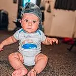 Skin, Sleeve, Baby & Toddler Clothing, Finger, Flash Photography, Happy, Toddler, Foot, Human Leg, Electric Blue, Baby, Thigh, Cap, Knee, Fun, Sitting, Child, T-shirt, Person, Headwear