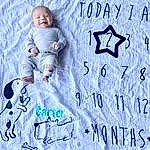 Facial Expression, Azure, Sleeve, Happy, Gesture, Baby & Toddler Clothing, People In Nature, Smile, Font, People, Baby, Toddler, Electric Blue, T-shirt, Handwriting, Pattern, Design, Illustration, Graphics, Person