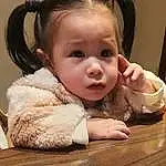 Hair, Nose, Cheek, Skin, Lip, Hairstyle, Eyelash, Ear, Gesture, Happy, Comfort, Toddler, Baby & Toddler Clothing, Baby, Child, Table, Thumb, Person