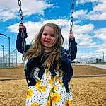 Swing, Outdoor Play Equipment, Blue, Yellow, Public Space, Fun, Smile, Playground, Child, Recreation, Happy, Photography, Plant, Fashion Accessory, City, Play, Person, Joy