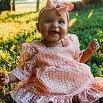 Skin, Lip, Smile, Plant, Photograph, Facial Expression, Botany, Baby & Toddler Clothing, People In Nature, Happy, Dress, Grass, Pink, Finger, Toddler, Fawn, Baby, Summer, Child, Person