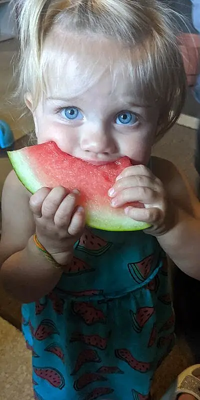 Nose, Food, Cheek, Lip, Hand, Mouth, Citrullus, Watermelon, Green, Jaw, Fruit, Gesture, Food Craving, Finger, Natural Foods, Seedless Fruit, Melon, Biting, Child, Produce