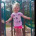 Smile, Sleeve, Standing, Pink, Happy, Leisure, Baby & Toddler Clothing, Playground, Fun, Toddler, Summer, Grass, Recreation, Magenta, Outdoor Play Equipment, City, Child, Shorts, T-shirt, Tree, Person, Joy