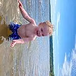 Water, Skin, Head, Arm, Sky, Smile, People In Nature, Azure, Cloud, People On Beach, Happy, Sunlight, Swimwear, Toddler, Beach, Fun, Leisure, Bathing, Thigh, Chest, Person