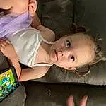 Skin, Hand, Arm, Human Body, Iris, Dress, Tablet Computer, Fun, Flash Photography, Toddler, Happy, Baby & Toddler Clothing, Gadget, Baby, Child, Sitting, Communication Device, Thigh, Lap, Display Device, Person